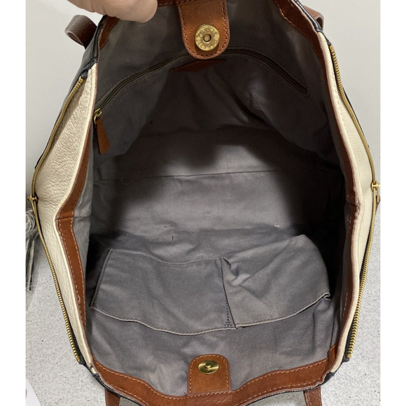 Boho Fossil Black & Brown Leather Tote Purse Hobo Bag Expandable Side Zippers - Picture 9 of 10